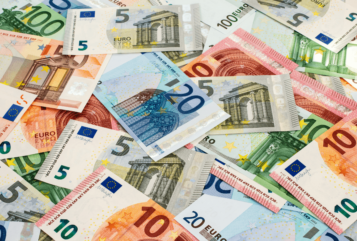 A pile of all the different euro bank notes